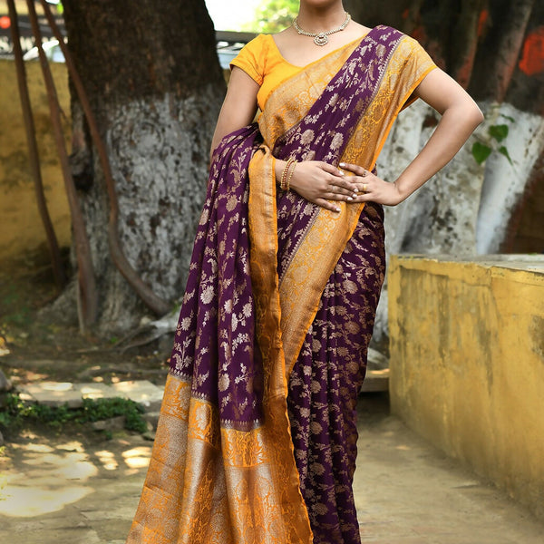 Joban Fashion Purple Crepe Chiffon Pure Handloom Banarasi Silk Saree