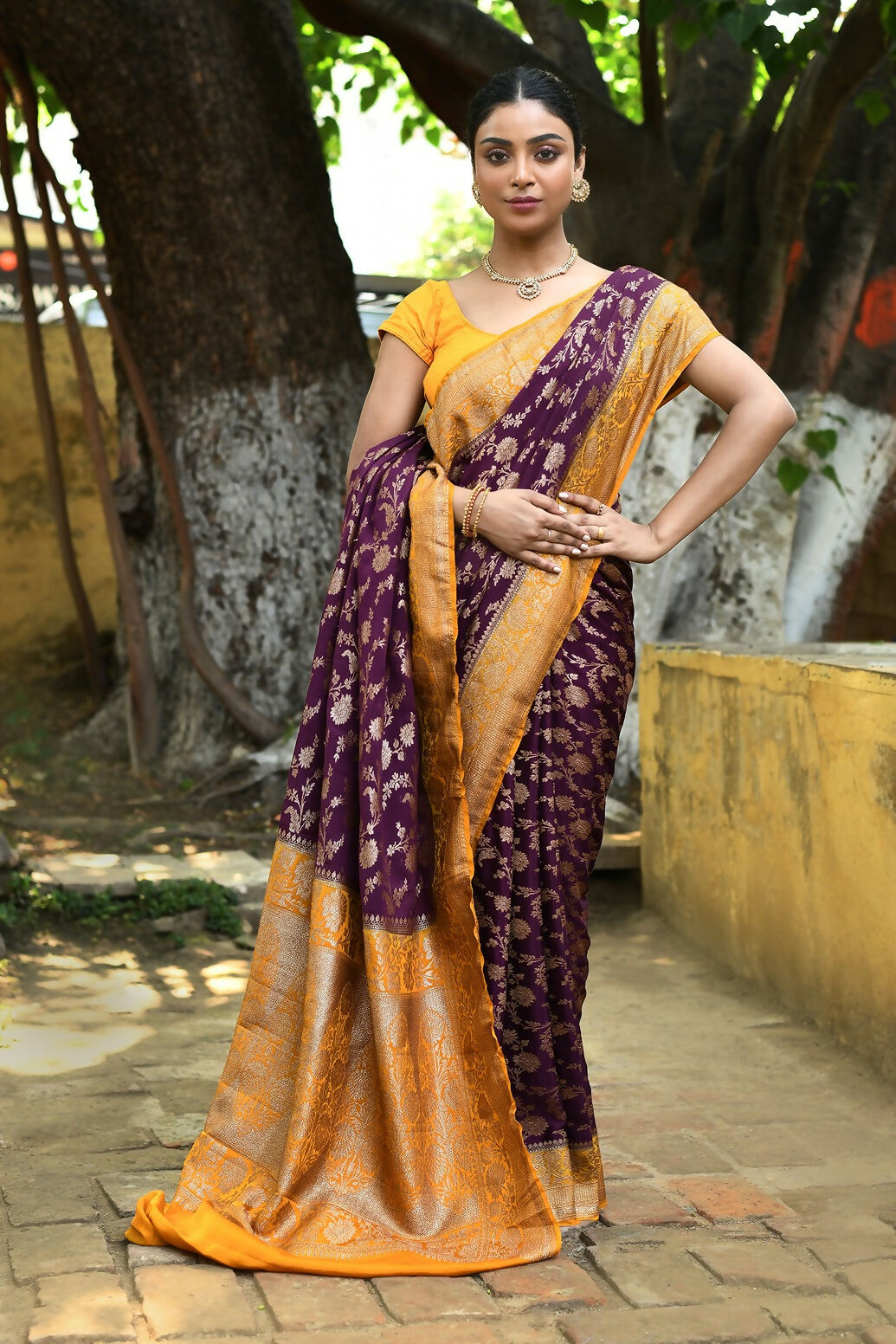Joban Fashion Purple Crepe Chiffon Pure Handloom Banarasi Silk Saree - Dista