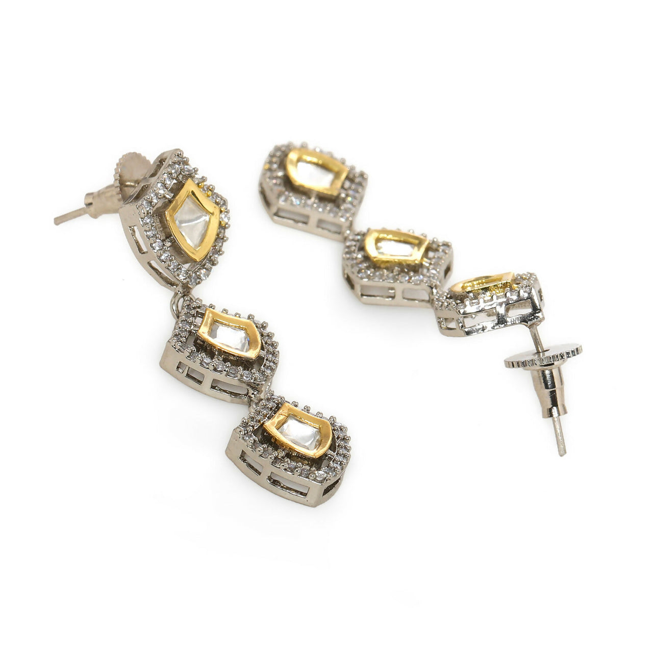 3 Tier Kundan and Diamond Earrings (Silver) - Ruby Raang - Distacart