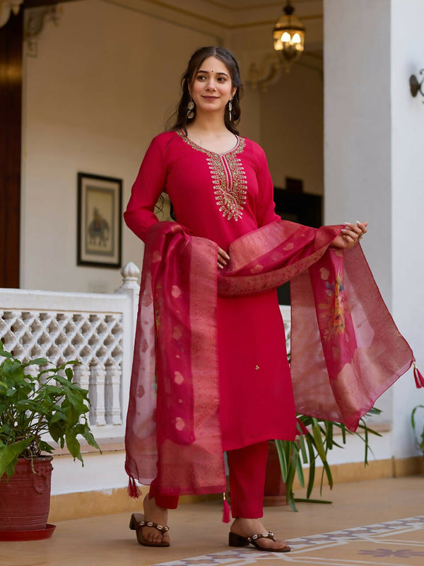Preksha Creation Maroon Viscose Chanderi Embroidered Beads Kurta Set With Dupatta And Pant