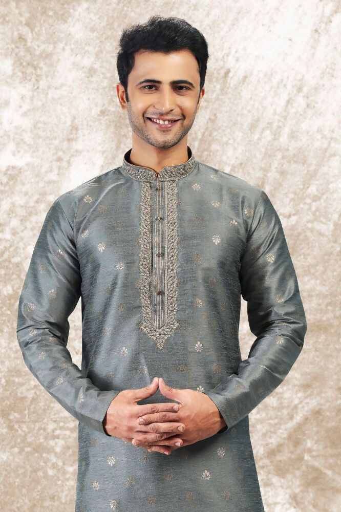 Raivat Ethnic Jacquard Silk Brocade Thread Work Kurta Pajama In Grey Colour - Distacart