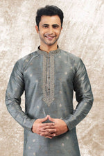Thumbnail for Raivat Ethnic Jacquard Silk Brocade Thread Work Kurta Pajama In Grey Colour - Distacart