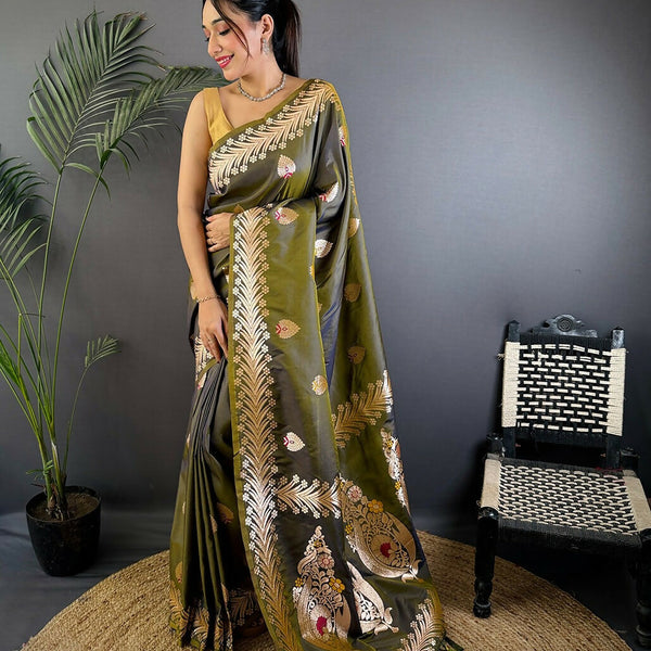 Joban Fashion Banarasi Mehendi Green Woven Soft Silk Saree