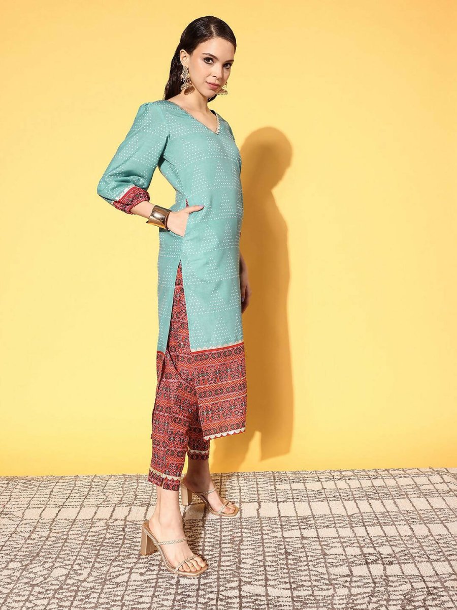 Ahalyaa Women's Teal Cotton Blend Digital Printed Kurta Pant Set - Distacart