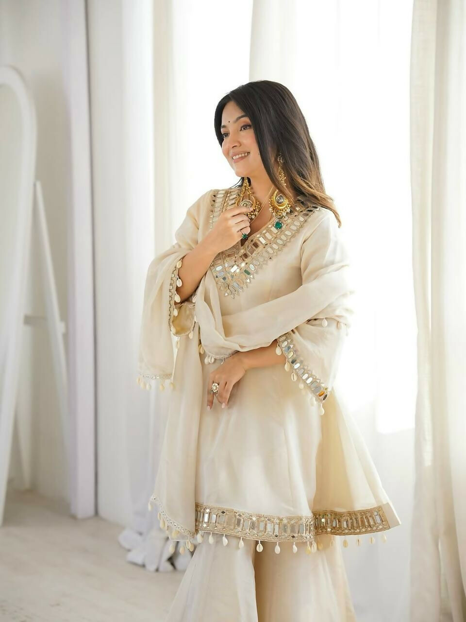 Teeya Creation New Latest Trendy Real Mirror Work With Lace Border Kurta Set - Dista