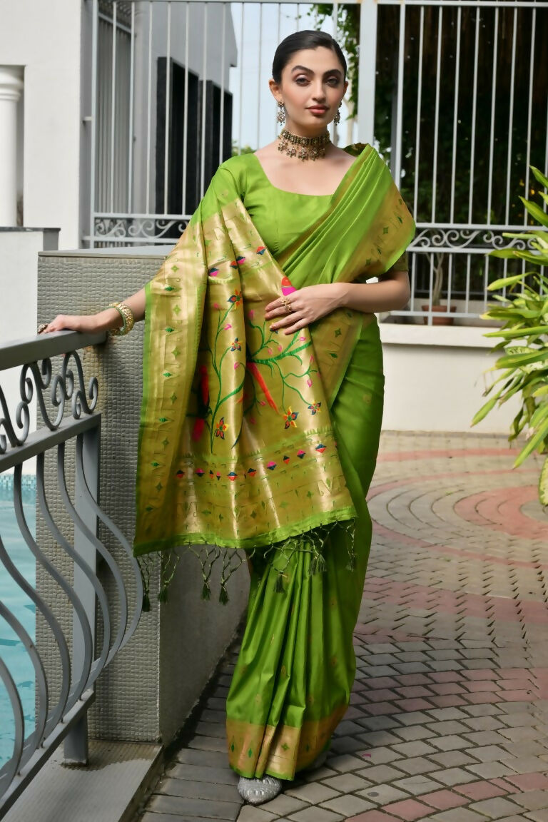 Vishnu Weaves Women's Mahendi Paithani Silk Zari Woven Saree with Blouse