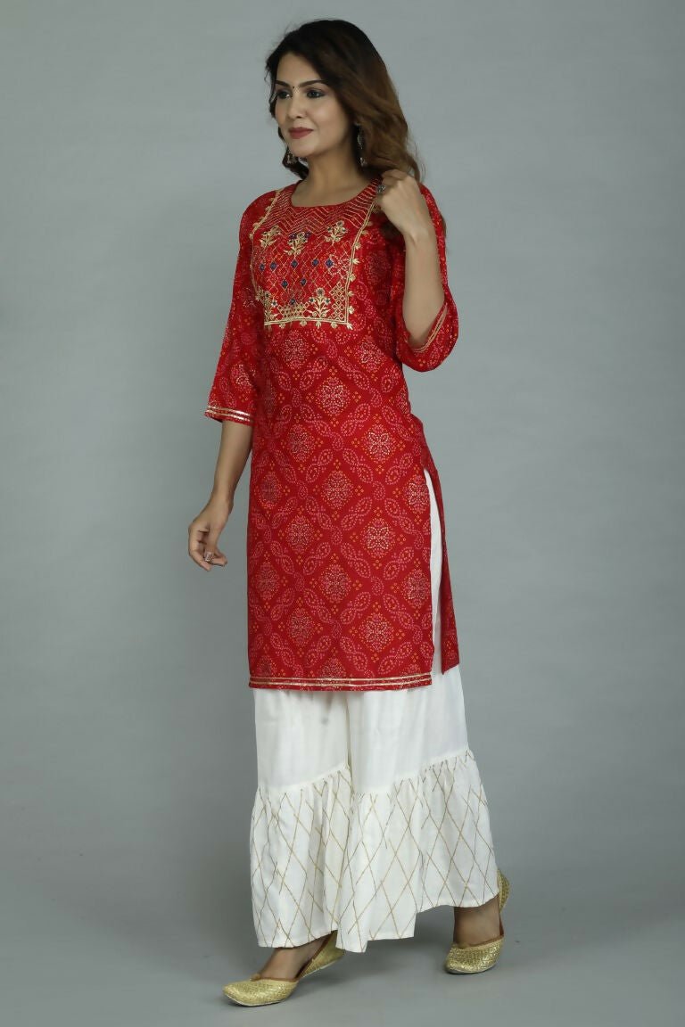 Alvano Printed Stylish A-line Kurti with Sharara set for Women and Girls Rayon (Orange) - Distacart