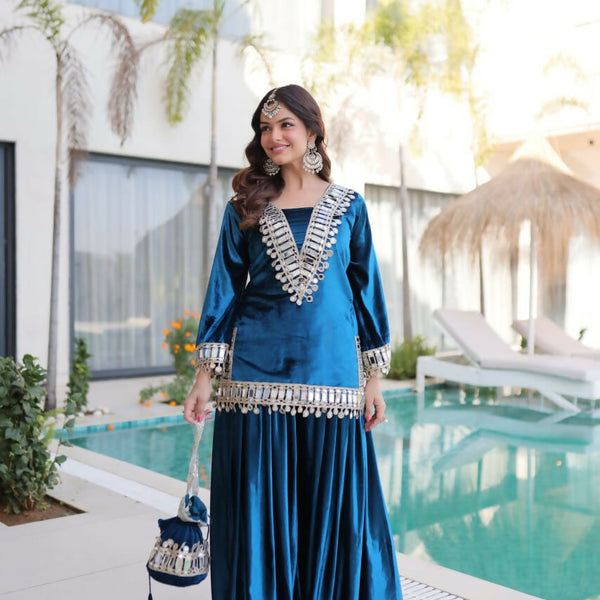 Joban Fashion Rama Velvet Embroidery Sequence Work Readymade Kurta Set - Distacart