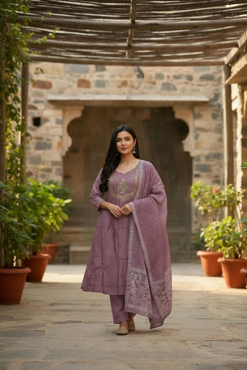 The52 Women's Beautiful Cotton Fabric Embroidery Work Flared Anarkali Pant and Dupatta Set - Distacart