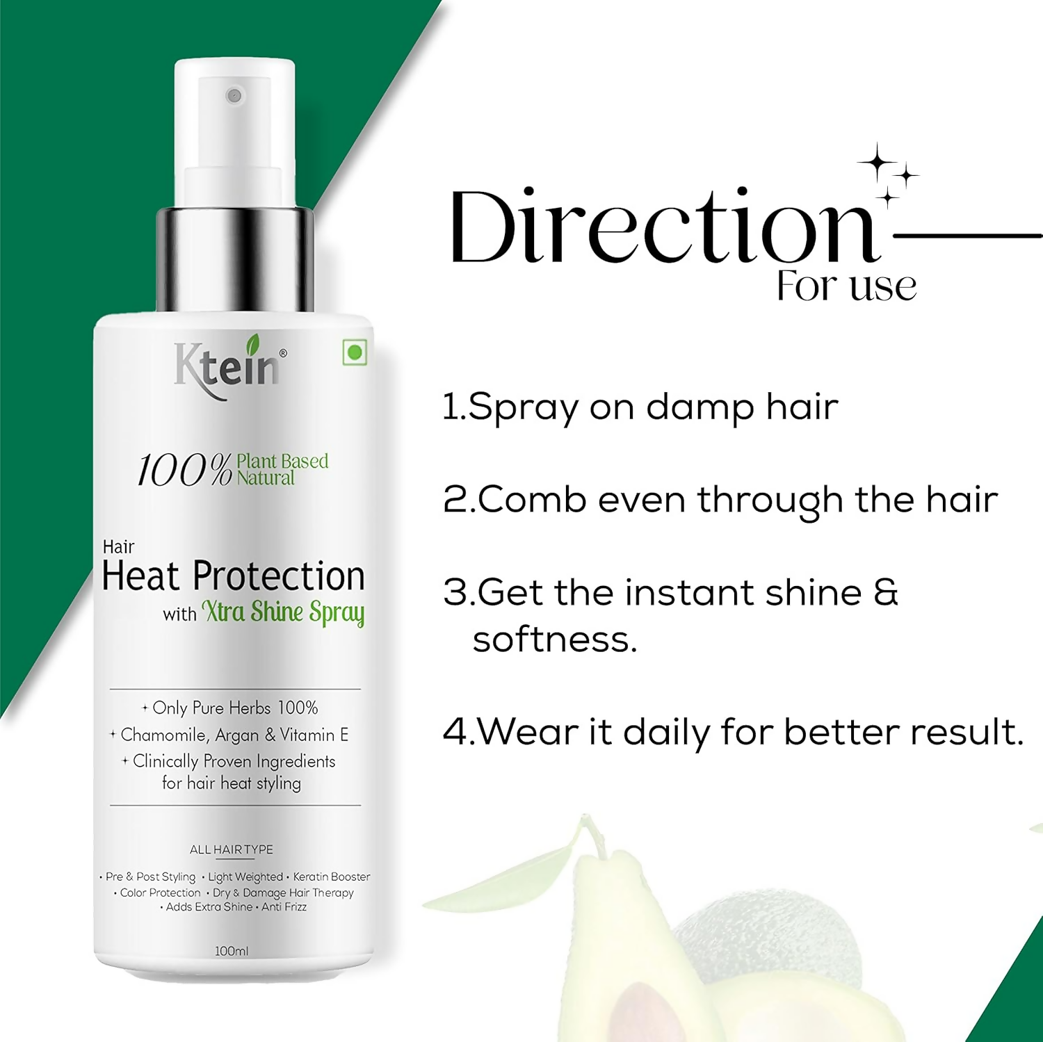 Ktein 100% Plant Based Hair Heat Protection Spray With Extra Shine Chamomile Argan And Vitamin E - Distacart