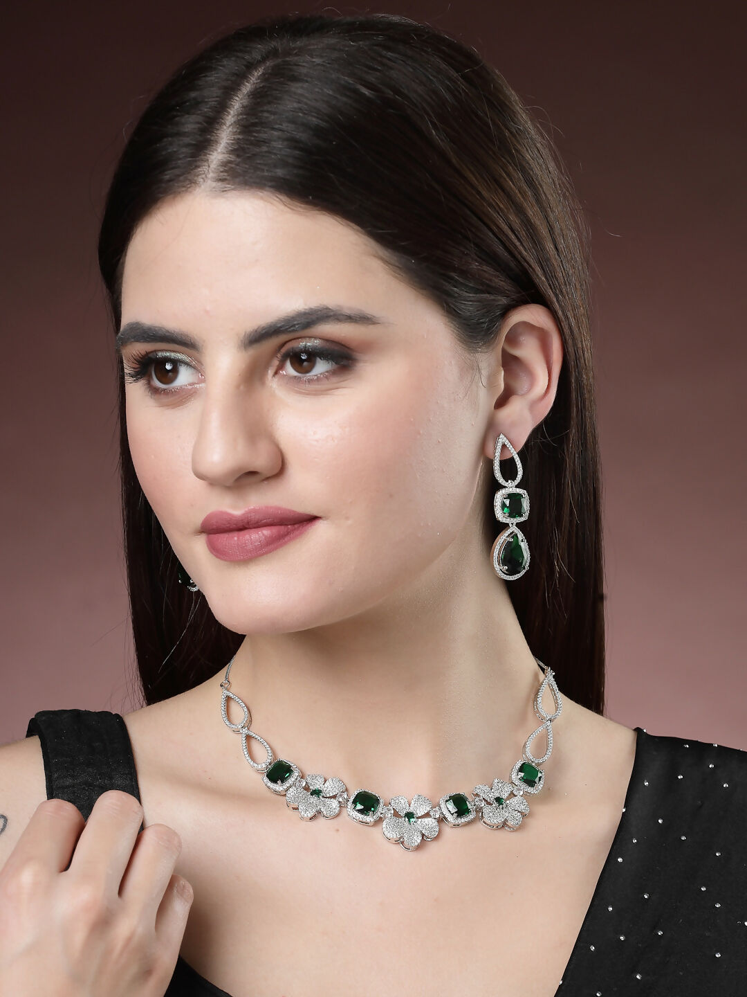 NVR Women's Green & Silver-Plated American Diamond Handcrafted Jewellery Set - Distacart