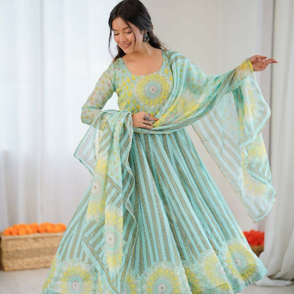 Teeya Creation Sky Soft Organza Digital Printed Party Wear Long Gown - Distacart