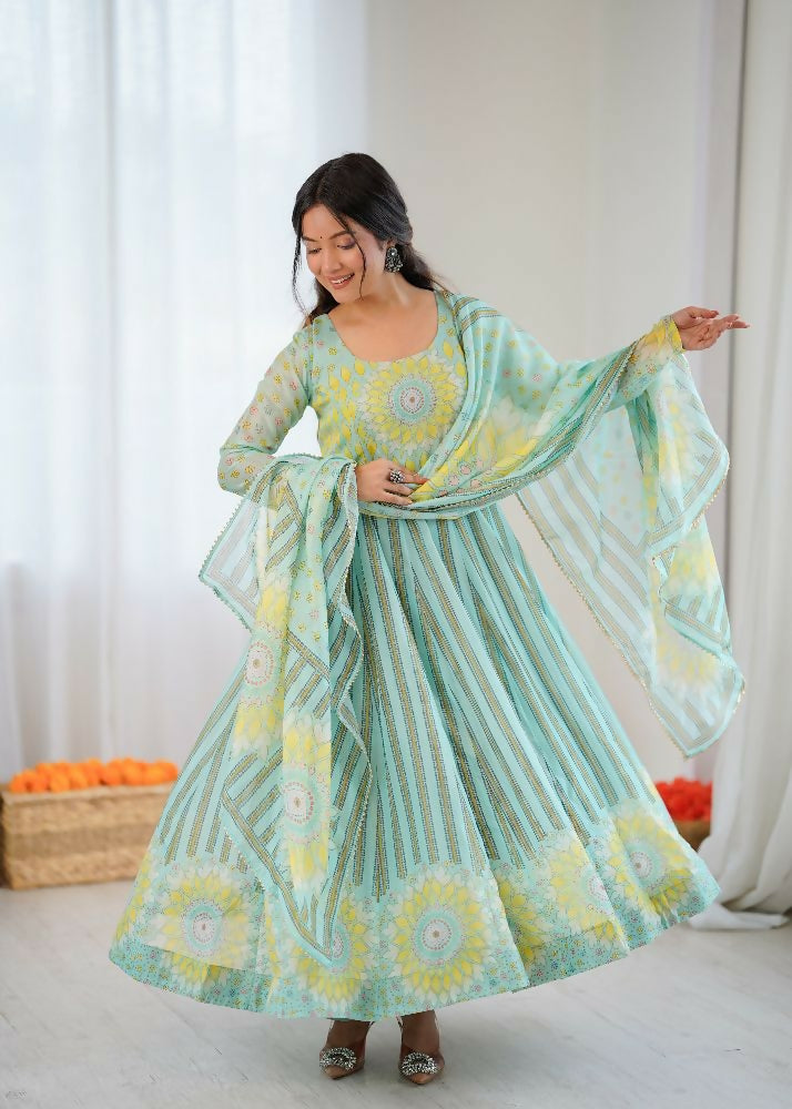 Teeya Creation Sky Soft Organza Digital Printed Party Wear Long Gown - Distacart