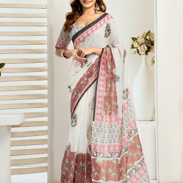 Vastranavya Green Digital Printed Linen Ready To Wear Designer Saree with Unstitched Blouse - Distacart