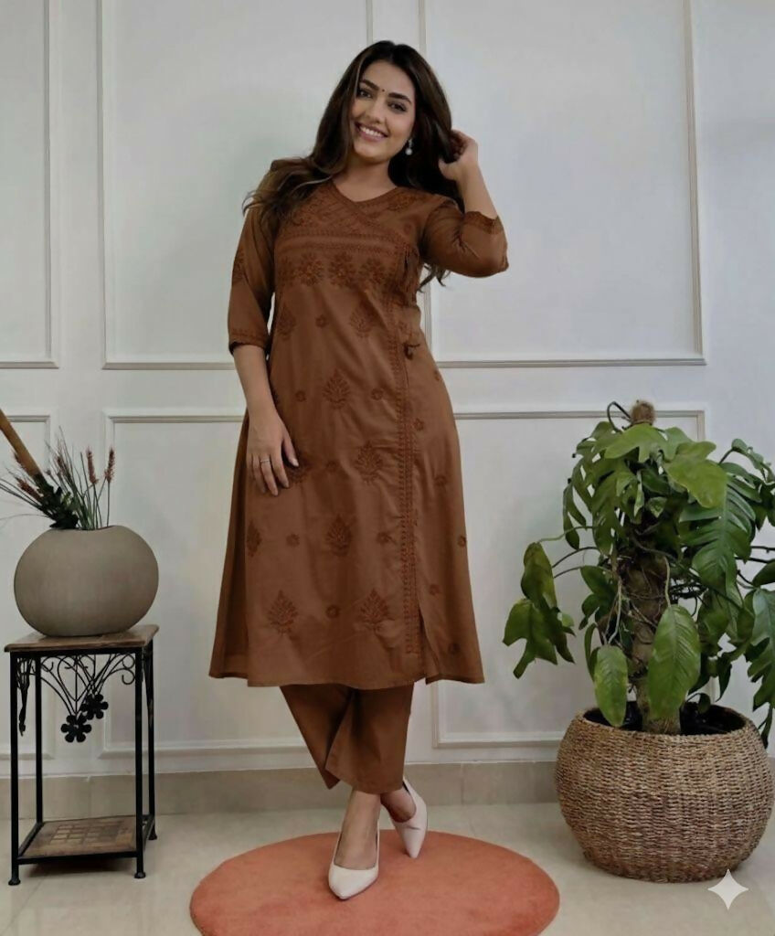Miravan Womens Brown Floral Printed Angrakha Style Kurta With Palazzo - Dista