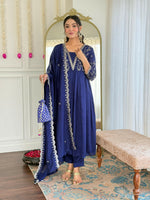 Thumbnail for The52 Blue Women's Beautiful Embroidered Vichitra Silk Fabric with Flared Kurta, Pant and Dupatta Set - Distacart