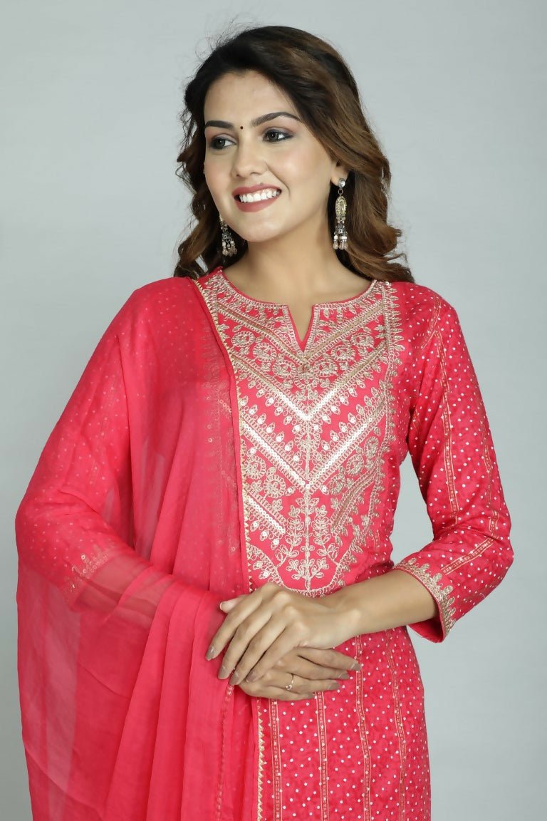 Alvano Beautiful Embroidery Print Straight Kurti with Pant and Dupatta set for Women and Girls Rayon - Distacart