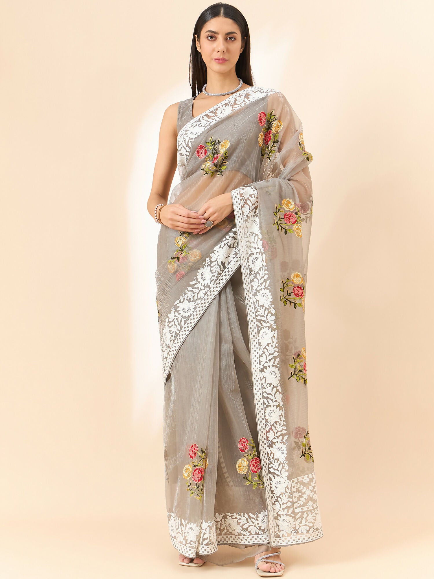 Grey Organza Floral Embroidered Saree with Unstitched Blouse Piece - Roozal - Distacart