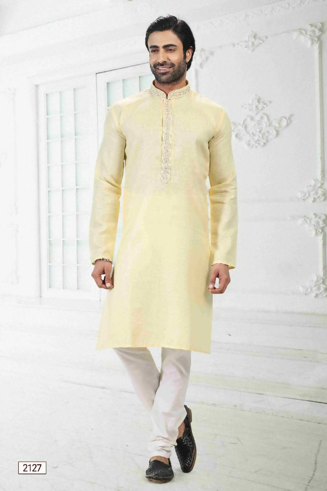 Raivat Ethnic Linen Cotton Thread Work Kurta Pajama In Yellow Colour - Dista