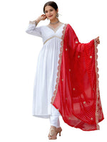 Thumbnail for The52 White Women's Gorgeous Embroidered Chanderi Fabric Straight Kurta, Pant and Dupatta Set - Distacart
