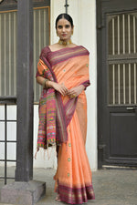 Thumbnail for Vishnu Weaves Women's Orange Handloom Raw Silk Saree with Blouse - Distacart