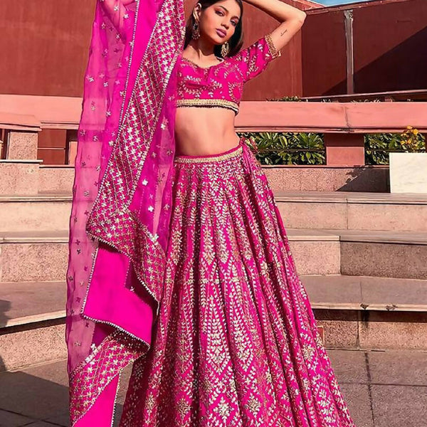 Jyoti Fashion Glamorous Rani Pink Chapat Zari and Dori Embroidered Malai Satin Silk Lehenga Choli with Dupatta - Distacart