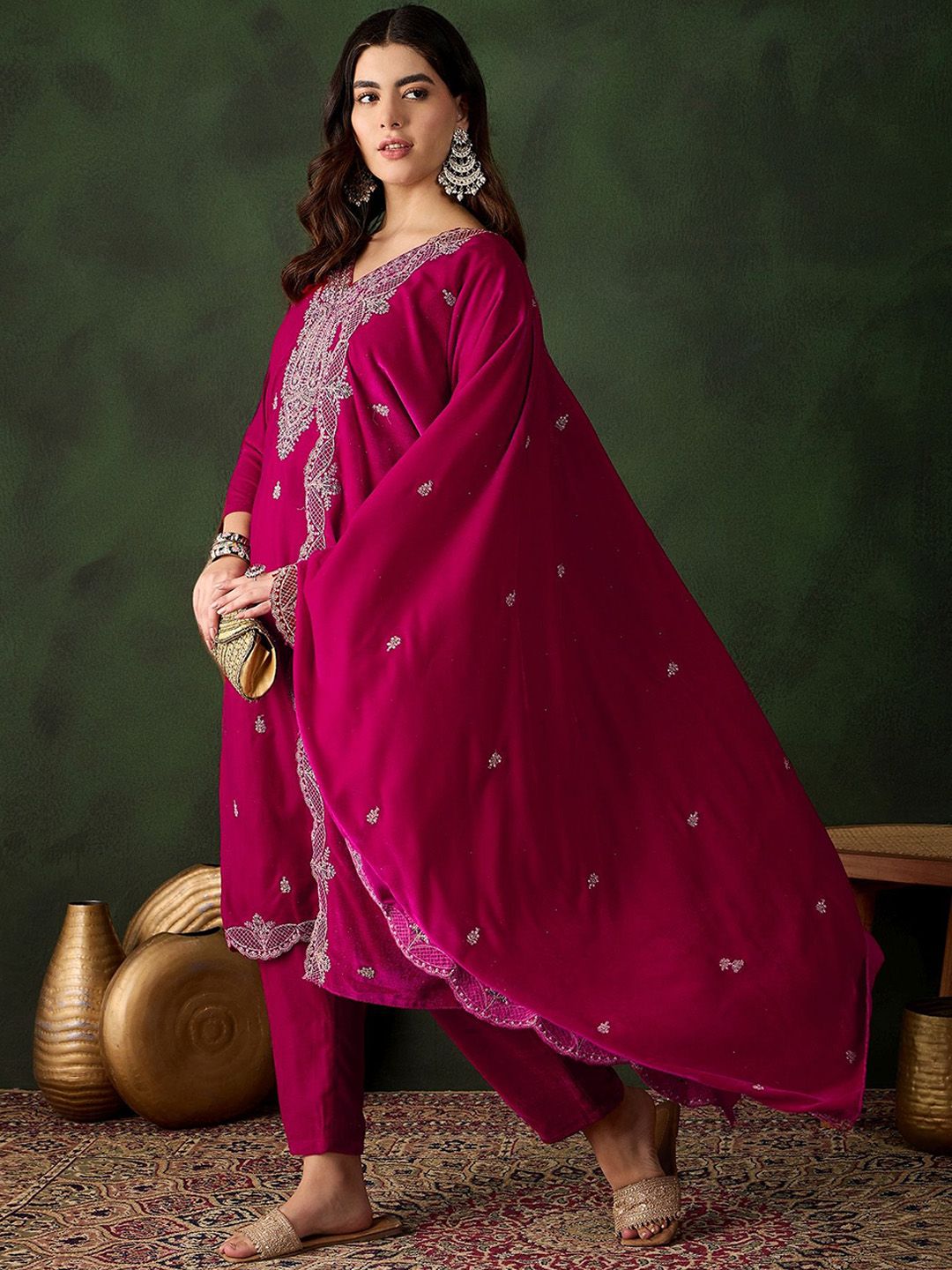 Sangria Floral Embroidered Straight Kurta & Trouser With Dupatta - Distacart