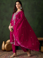 Thumbnail for Sangria Floral Embroidered Straight Kurta & Trouser With Dupatta - Distacart