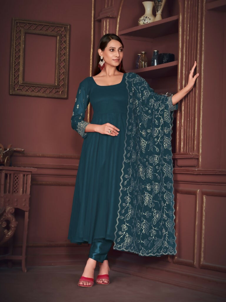 Jyoti Fashion Women's Rama Georgette Embroidered Anarkali Kurta Pant Set With Dupatta - Distacart