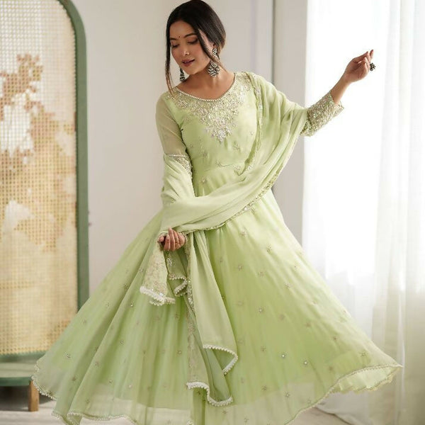Teeya Creation Pista Color Faux georgette Embroidery Work Wedding Wear Gown - Distacart