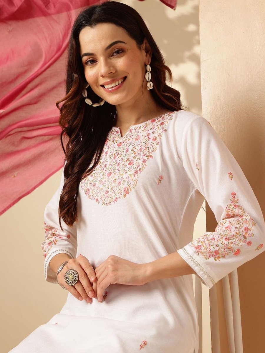 Anouk Floral Embroidered Yoke Design Notch neck Thread Work Kurta with Trousers & Dupatta - Distacart