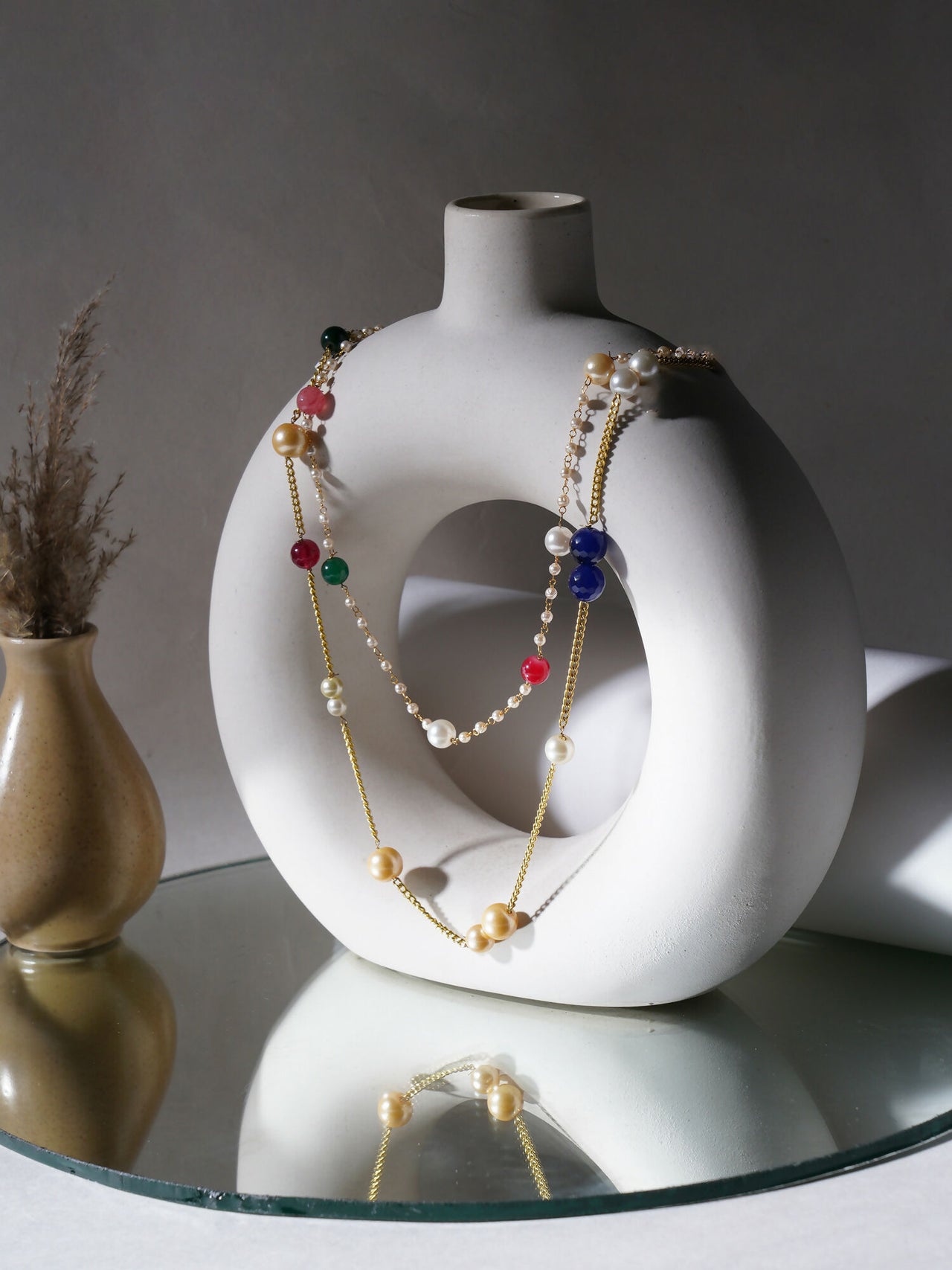Layered Pearl and Gold Neckpiece with Multi Stones (Multi Color) - Ruby Raang - Distacart