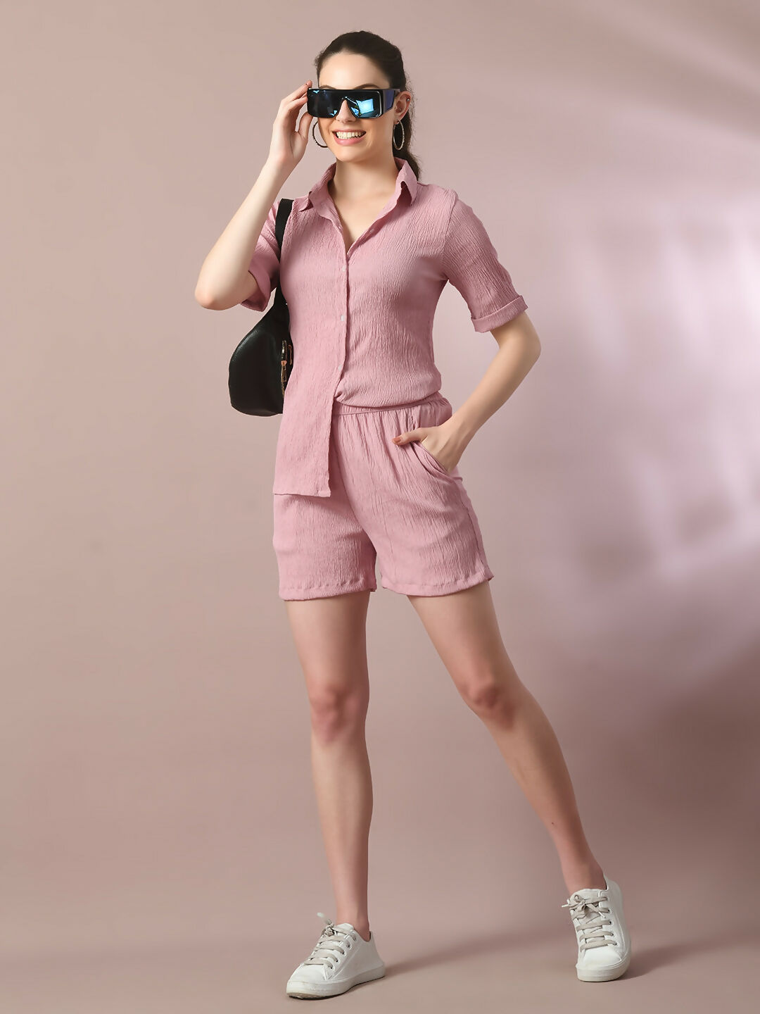 Myshka Women's Pink Solid Shirt Collar Party Shirt With Shorts Co-ord set - Distacart