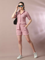 Thumbnail for Myshka Women's Pink Solid Shirt Collar Party Shirt With Shorts Co-ord set - Distacart