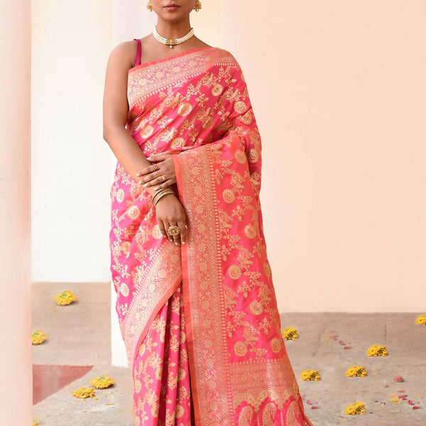 Joban Fashion Pink Peach Soft Pure Handloom Banarasi Silk Saree