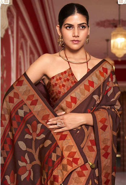 Monjolika Fashion Silk Blend Brown Printed Saree - Distacart