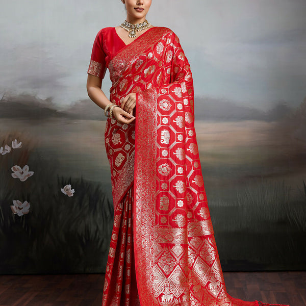 Shree Shyam Fashion Red Silk Blend Saree - Distacart