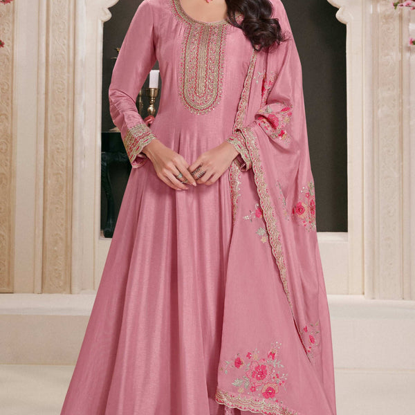 Anaita Pink Embroidered Work Silk Stitched Anarkali Suit - Distacart