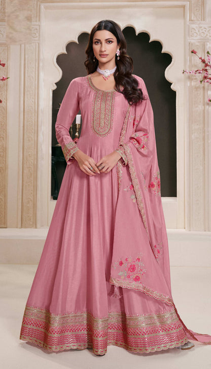 Anaita Pink Embroidered Work Silk Stitched Anarkali Suit - Distacart