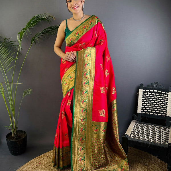 Joban Fashion Banarasi Red Woven Soft Silk Saree