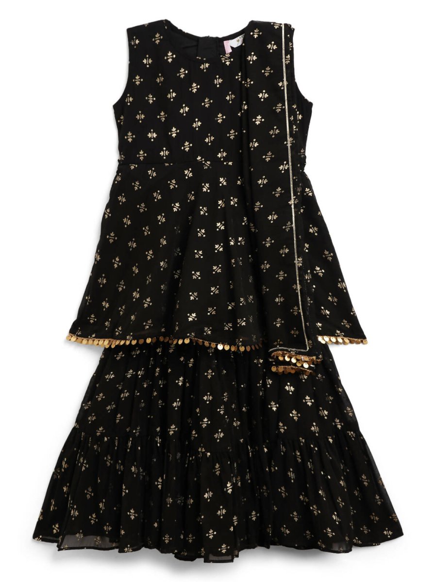 Ahalyaa Black Georgette Gold Foil Print Kids Peplum style Kurta Sharara Set With Dupatta For Girls - Distacart
