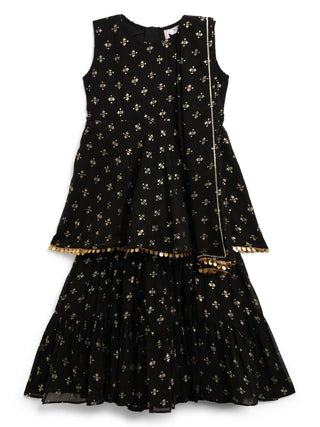 Ahalyaa Black Georgette Gold Foil Print Kids Peplum style Kurta Sharara Set With Dupatta For Girls - Distacart