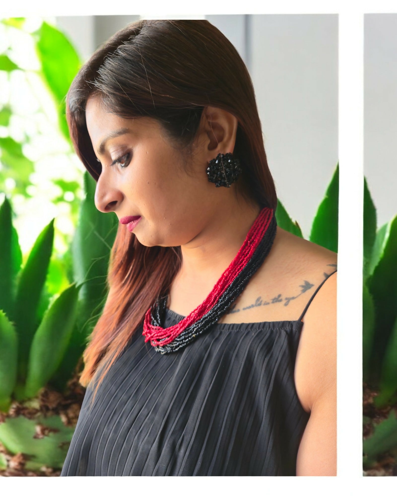 Inhanns Vibrant Handmade 20 Layers Beaded Necklace With Matching Earrings - Black & Red - Distacart