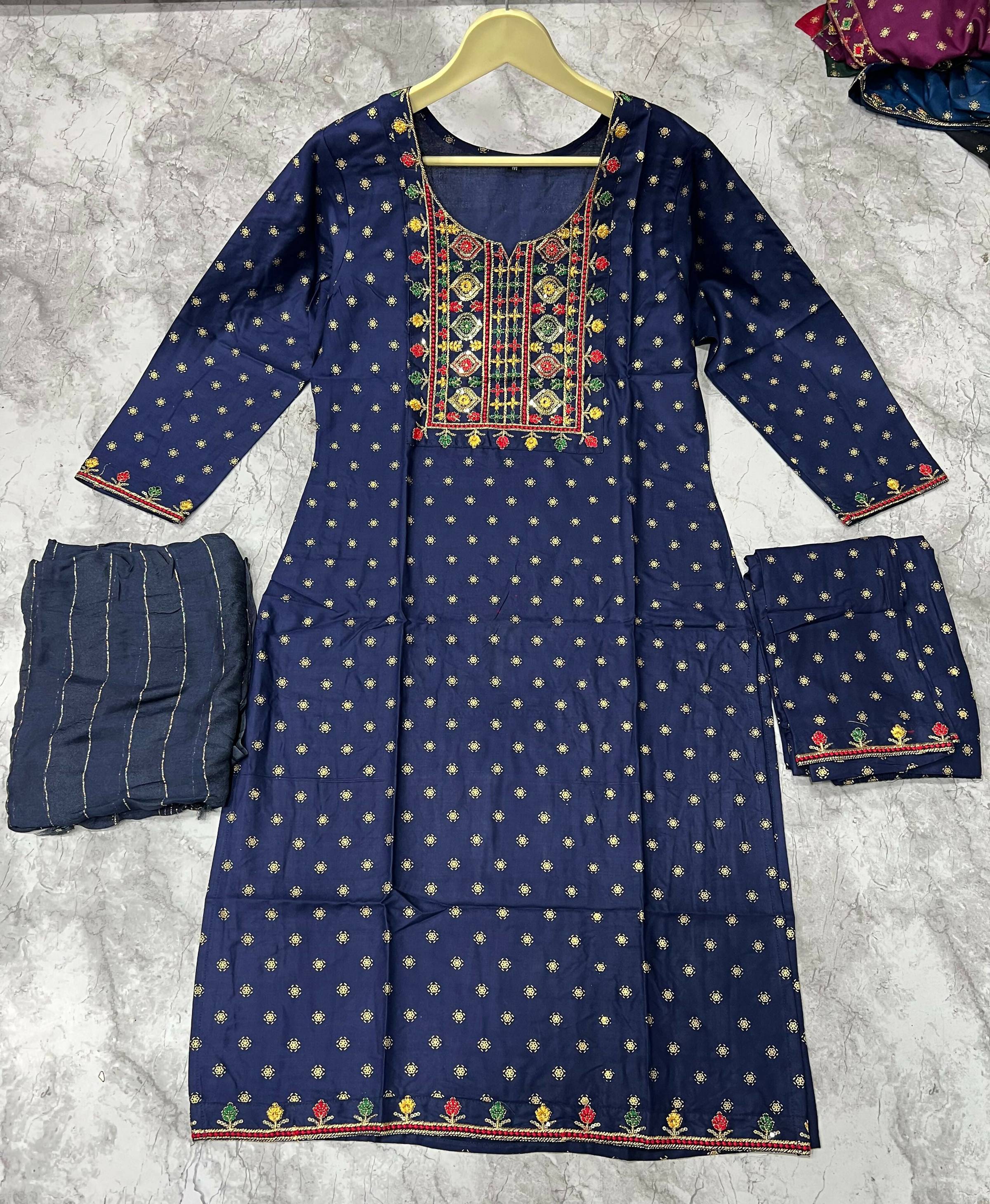 Jyoti Fashion Women's Blue 14KG Rayon Foil Print with Embroidery Kurta Set - Distacart