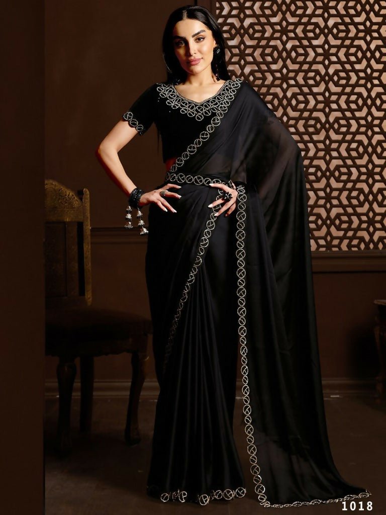 Aafreen Partywear Designer Black Satin Chiffon Fancy Saree - Distacart