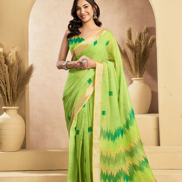Vastranavya Mint Green Digital Printed Linen Ready To Wear Pocket Saree with Unstitched Blouse - Distacart
