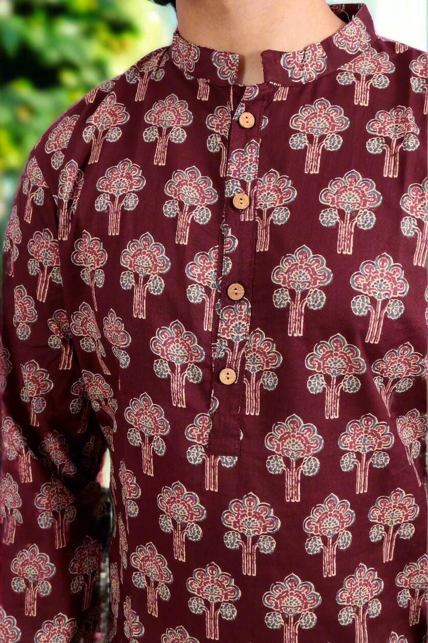 Souchii Men Burgundy Pure Cotton Ethnic Motif Printed Straight Kurta