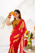 Thumbnail for Vastranavya Red Floral Print with Lace Border work Chiffon Saree & Unstitched Blouse - Distacart