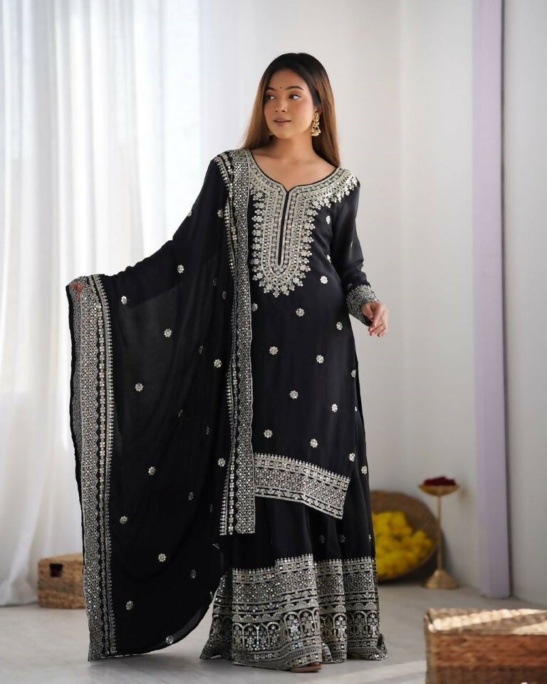 Teeya Creation Black Colour Chinnon Silk Heavy Embroidery Work Fully Stitched Salwar Suit