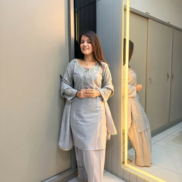 Anaita Grey Crape Readymade Kurti Set with Beads Sequence Work - Distacart